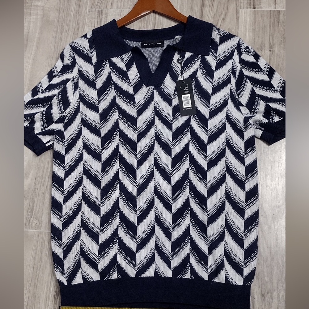Elie Tahari Navy and White Chevron V-Neck Polo Sweater
